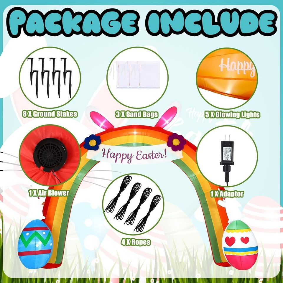 9.8 ft Easter Inflatables Arch Yard Decorations Blow up Bunny Rainbow