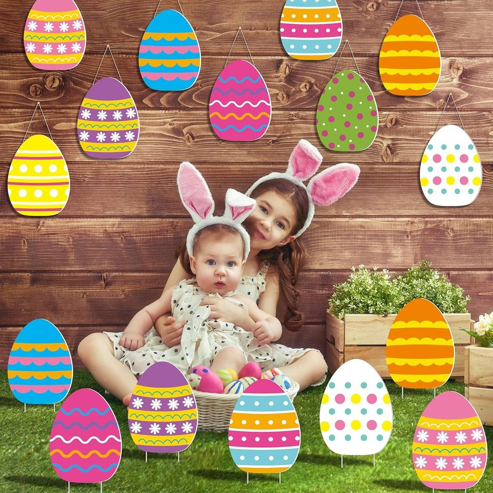 18 Pieces Easter Colorful Eggs Yard Signs Two-sided Waterproof Easter Eggs Lawn Yard Sign