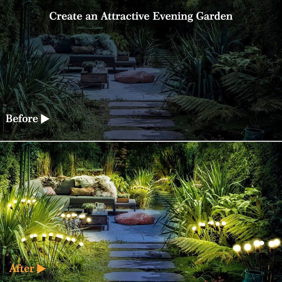 Firefly Garden Lights Solar Outdoor 6 Pack 60 LED, Solar Firefly Lights with 2 Lighting Mode