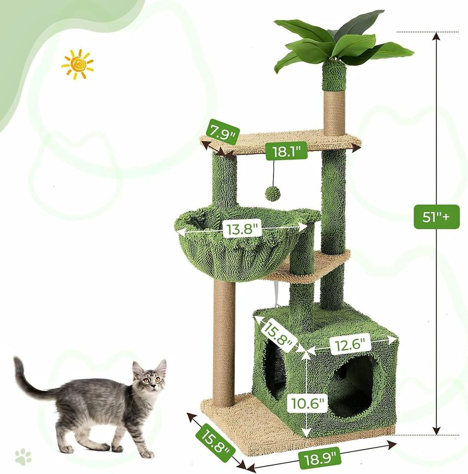 51 Inches Cat Tree, Multi-Level Cat Tower with Large Hammock