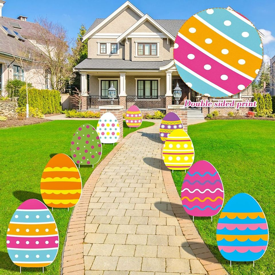18 Pieces Easter Colorful Eggs Yard Signs Two-sided Waterproof Easter Eggs Lawn Yard Sign
