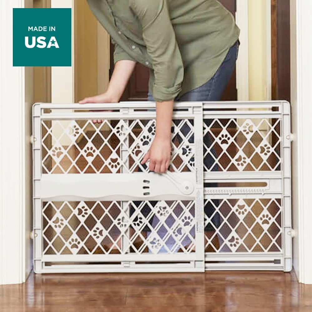 Portable Pet Gate: 26-40" Wide. Pressure Mount. No tools needed. Made in USA. Dog Gate 23" Tall, Expandable, Durable Dog Gates for Doorways, Light Gray