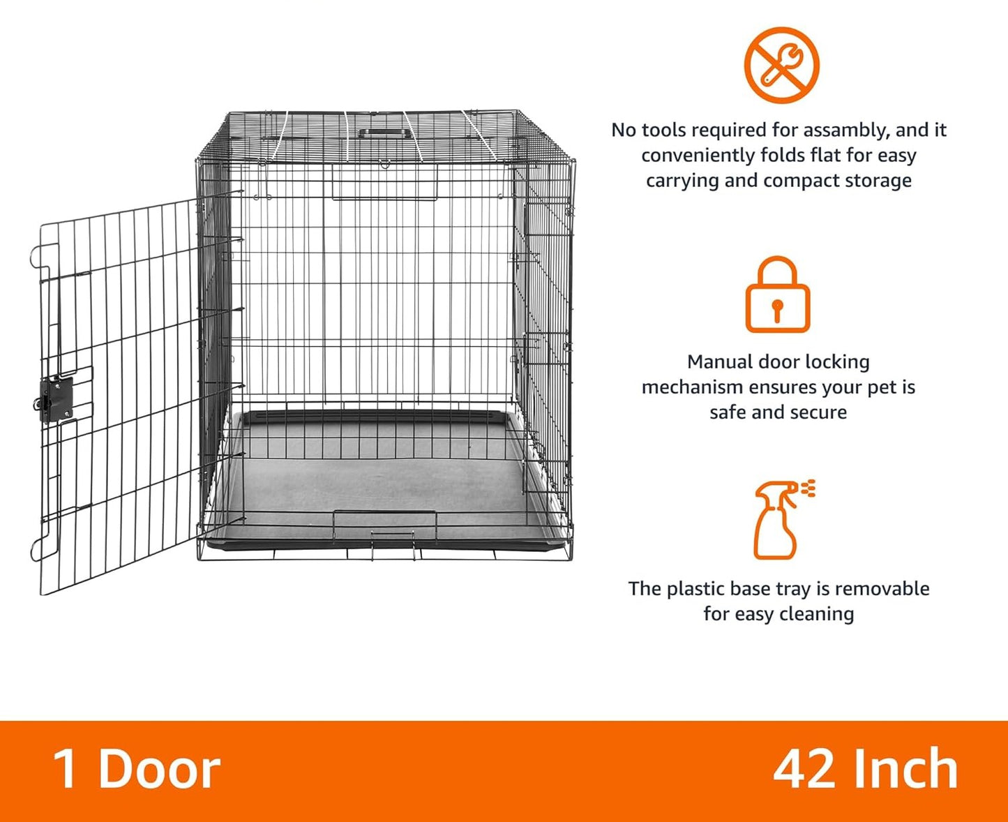 Durable, Foldable Metal Wire Dog Crate with Tray, Single Door, 42 x 28 x 30 Inches, Black