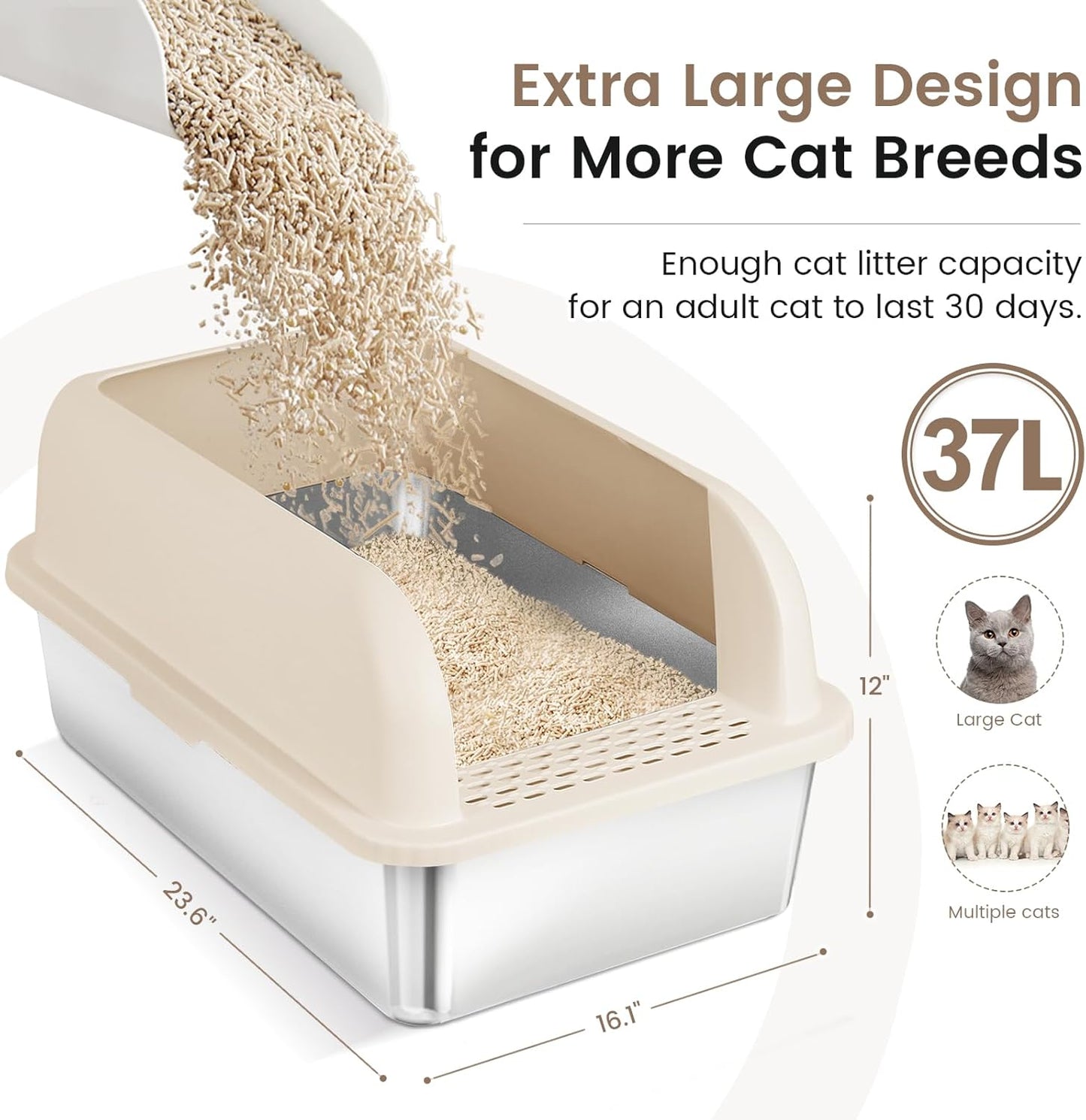 Extra-Large Stainless Steel Cat Litter Box with High Walls & Lid – Ideal for Big & Multiple Cats