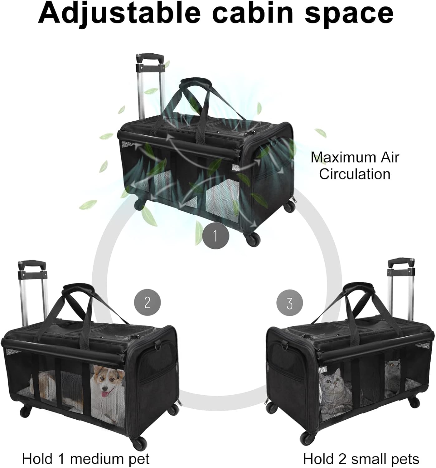 Double-Compartment Pet Rolling Carrier with Wheels for 2 Pets,Cat Rolling Carrier for 2 Cats,Super Ventilated Design,Ideal for Traveling/Hiking/Camping