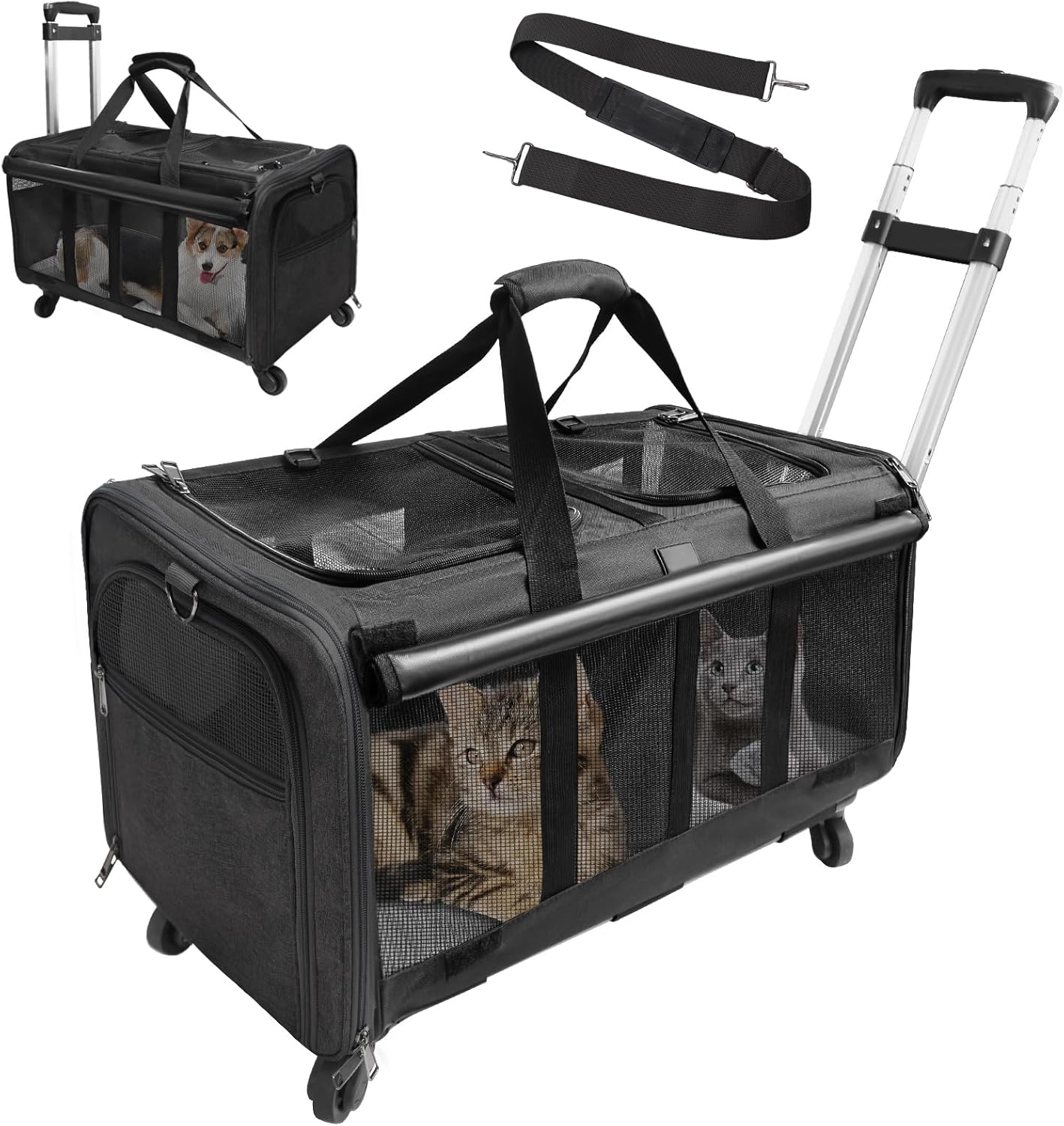 Double-Compartment Pet Rolling Carrier with Wheels for 2 Pets,Cat Rolling Carrier for 2 Cats,Super Ventilated Design,Ideal for Traveling/Hiking/Camping
