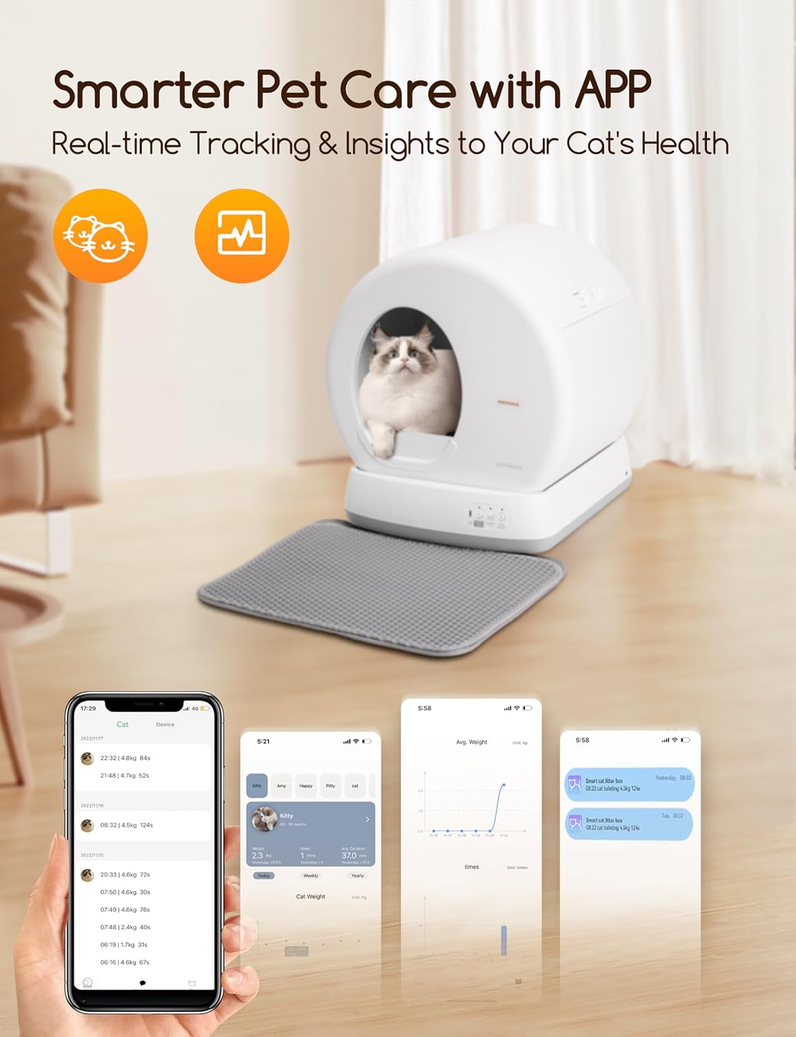 Self-Cleaning Cat Litter Box, Integrated Safety Protection, Multi Cats