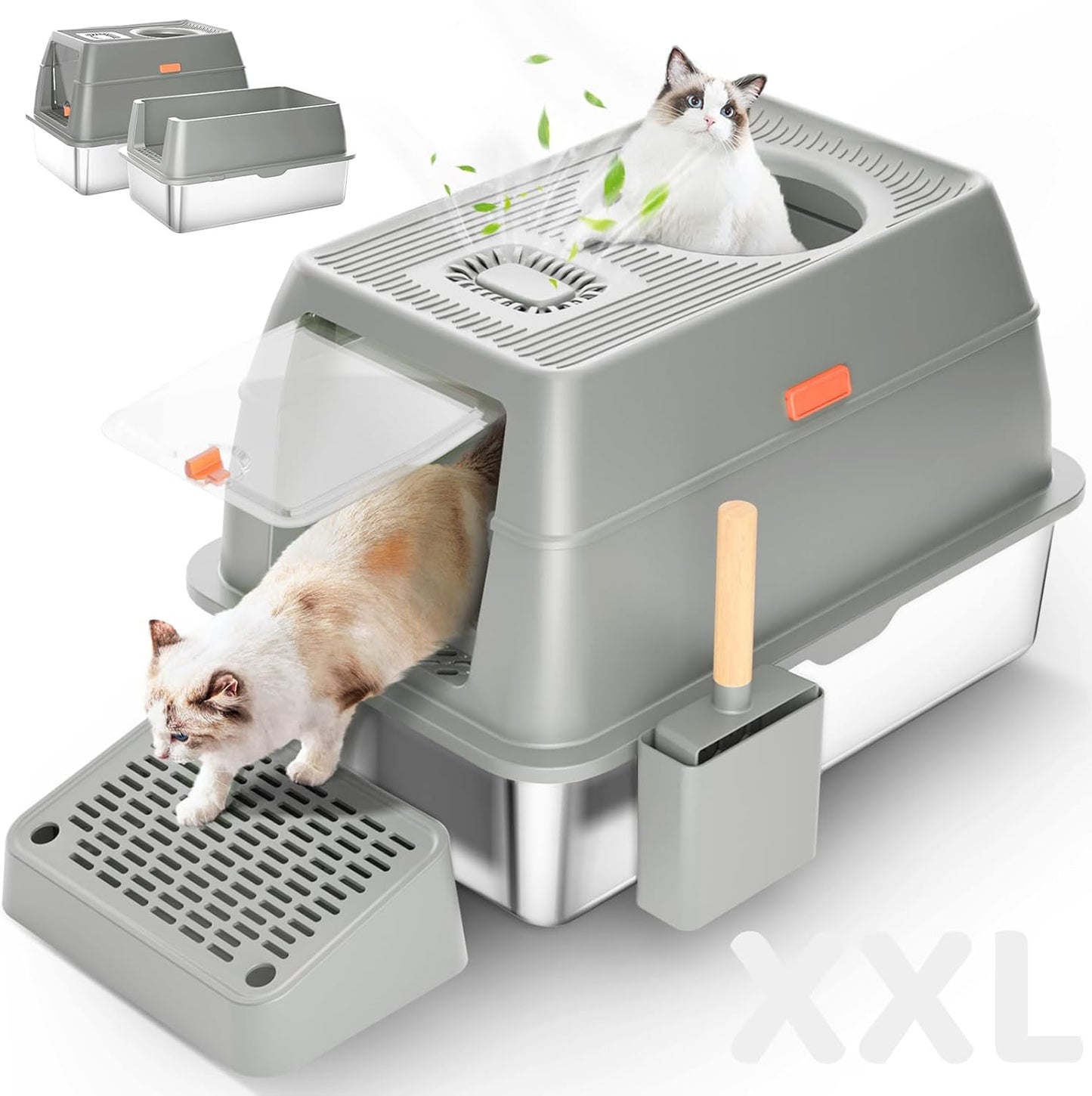 Stainless Steel Cat Litter Box with Lid, XXL Large Enclosed High Sided Litter Box with Removable Lid &Scoop, Odor Free, Easy Cleaning, Anti-Urine Leakage for Big Cats -Grey