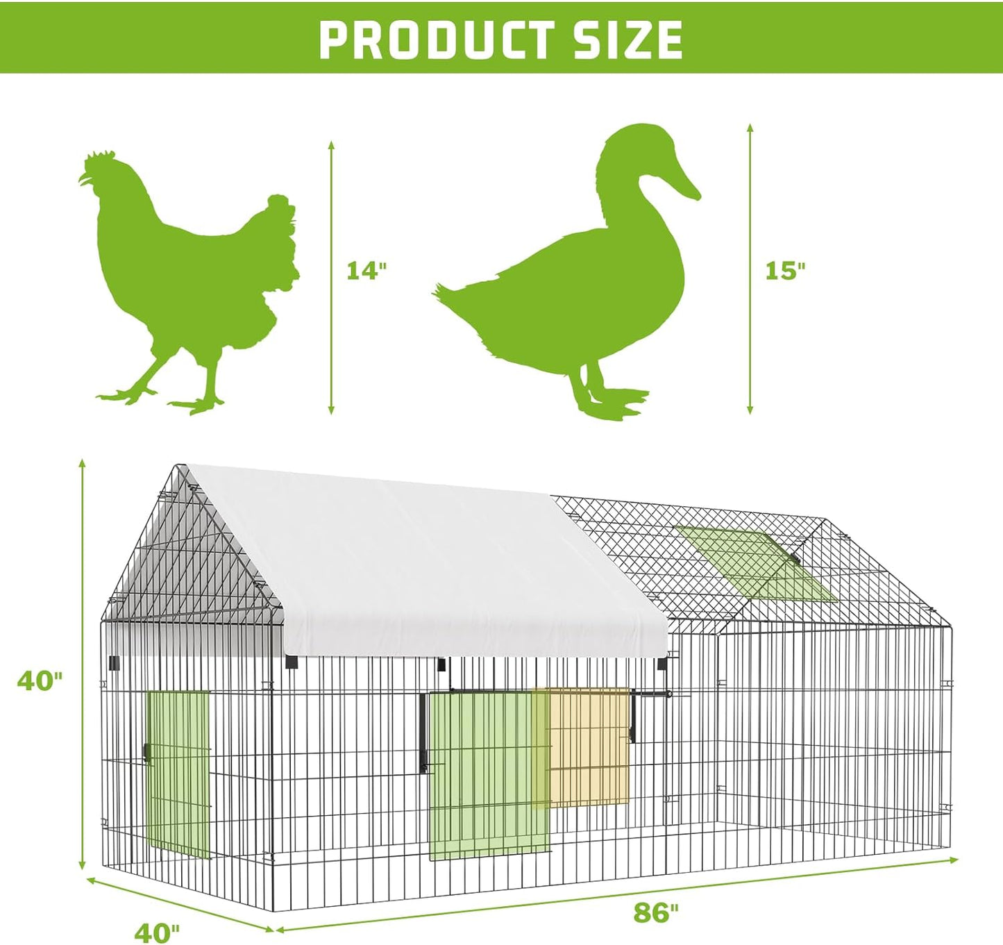 Metal Chicken Coop 86"×40"×40" Chicken Run with Waterproof Cover Portable Poultry Cage Walk in Hen House Outdoor Backyard Farm Animal Enclosure Crate Pet Playpen Exercise Pen for Rabbit Duck