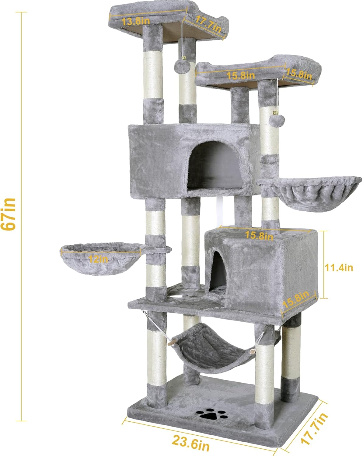 Sturdy Indoor Multi-Level Large Cat Tree, 67in Cat Tower for Indoor Cats, Contains 10 Sisal Scratching Posts 3 Hammocks 2 Apartments 2 Platforms and Cat
