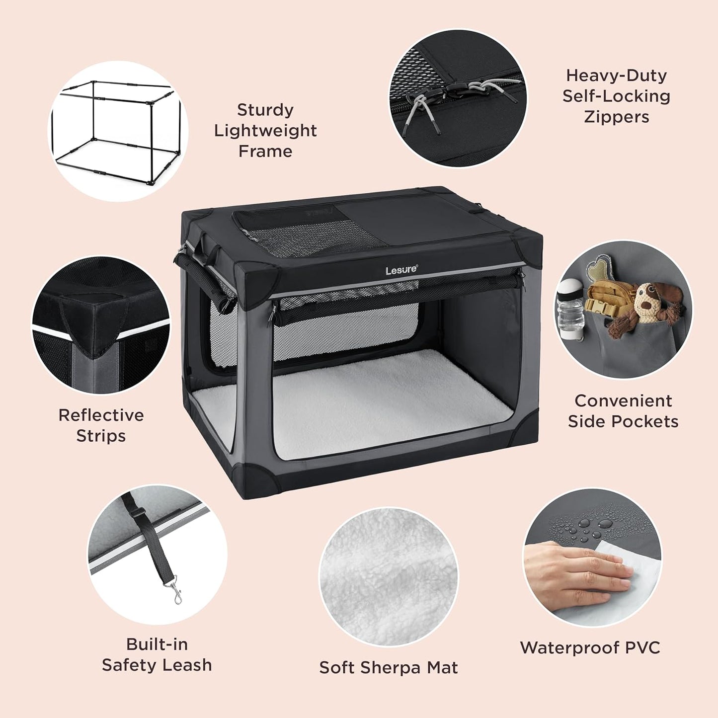 Soft Collapsible Dog Crate - 42 Inch Portable Travel Dog Crate for Extra Large Dogs Indoor & Outdoor, 4-Door Foldable Pet Kennel with Durable Mesh Windows (Black)