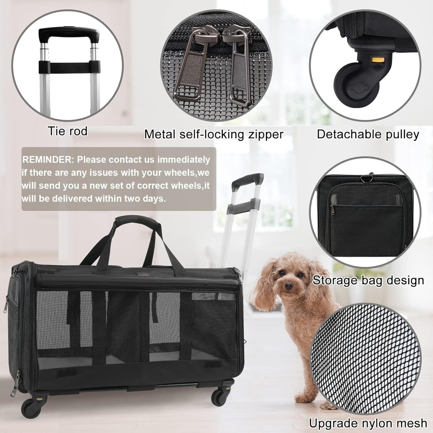 Double-Compartment Pet Rolling Carrier with Wheels for 2 Pets,Cat Rolling Carrier for 2 Cats,Super Ventilated Design,Ideal for Traveling/Hiking/Camping