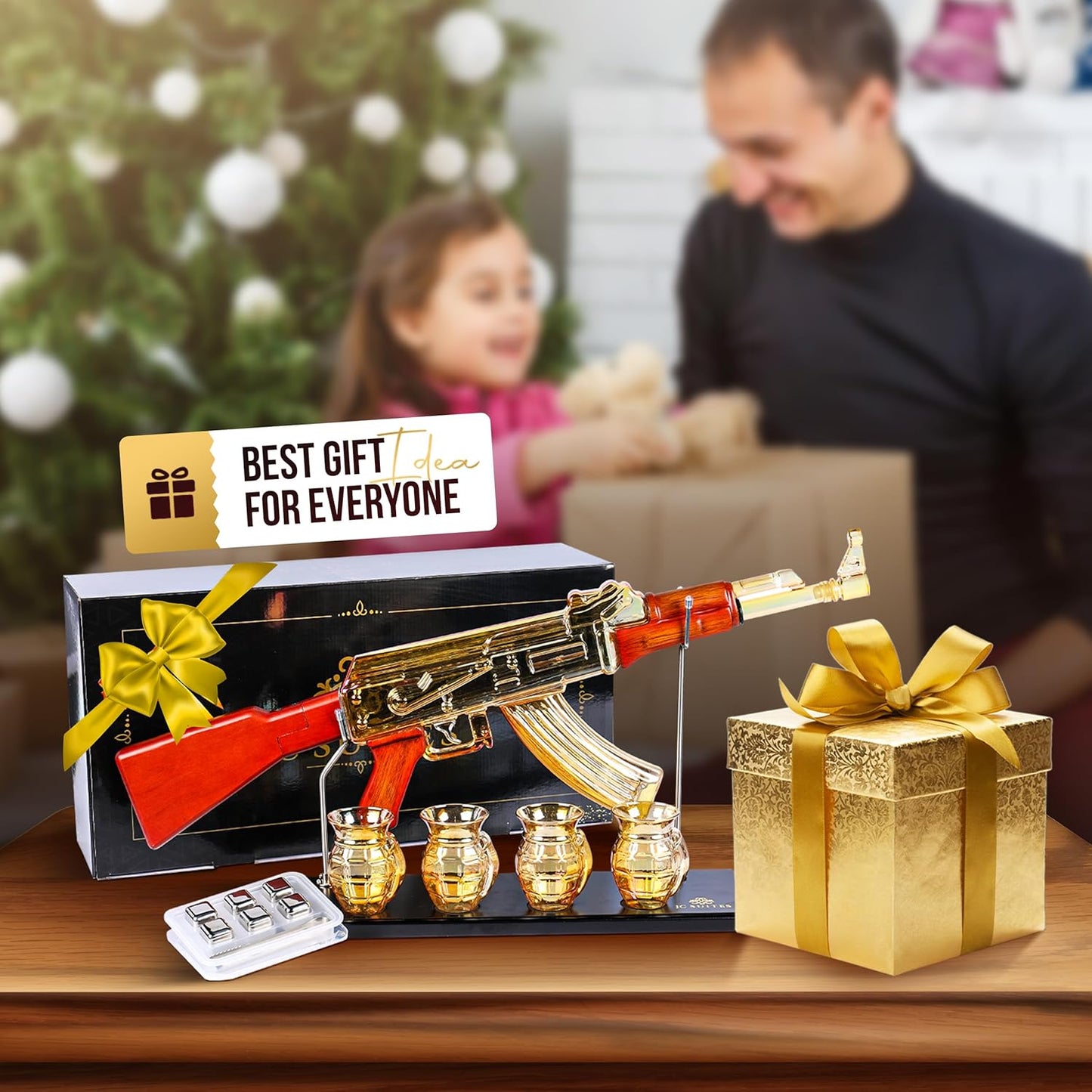 Luxury Gold AK47 Gun Decanter with Grenade Glasses & Reusable Ice Cubes - Whiskey Decanter Sets For Men - Unique Liquor Glass Gun Alcohol Bottle -Wine Bourbon Tequila Liquor Decanter Set Gifts For Dad