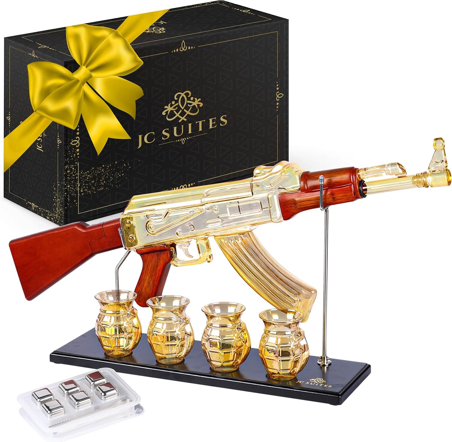 Luxury Gold AK47 Gun Decanter with Grenade Glasses & Reusable Ice Cubes - Whiskey Decanter Sets For Men - Unique Liquor Glass Gun Alcohol Bottle -Wine Bourbon Tequila Liquor Decanter Set Gifts For Dad
