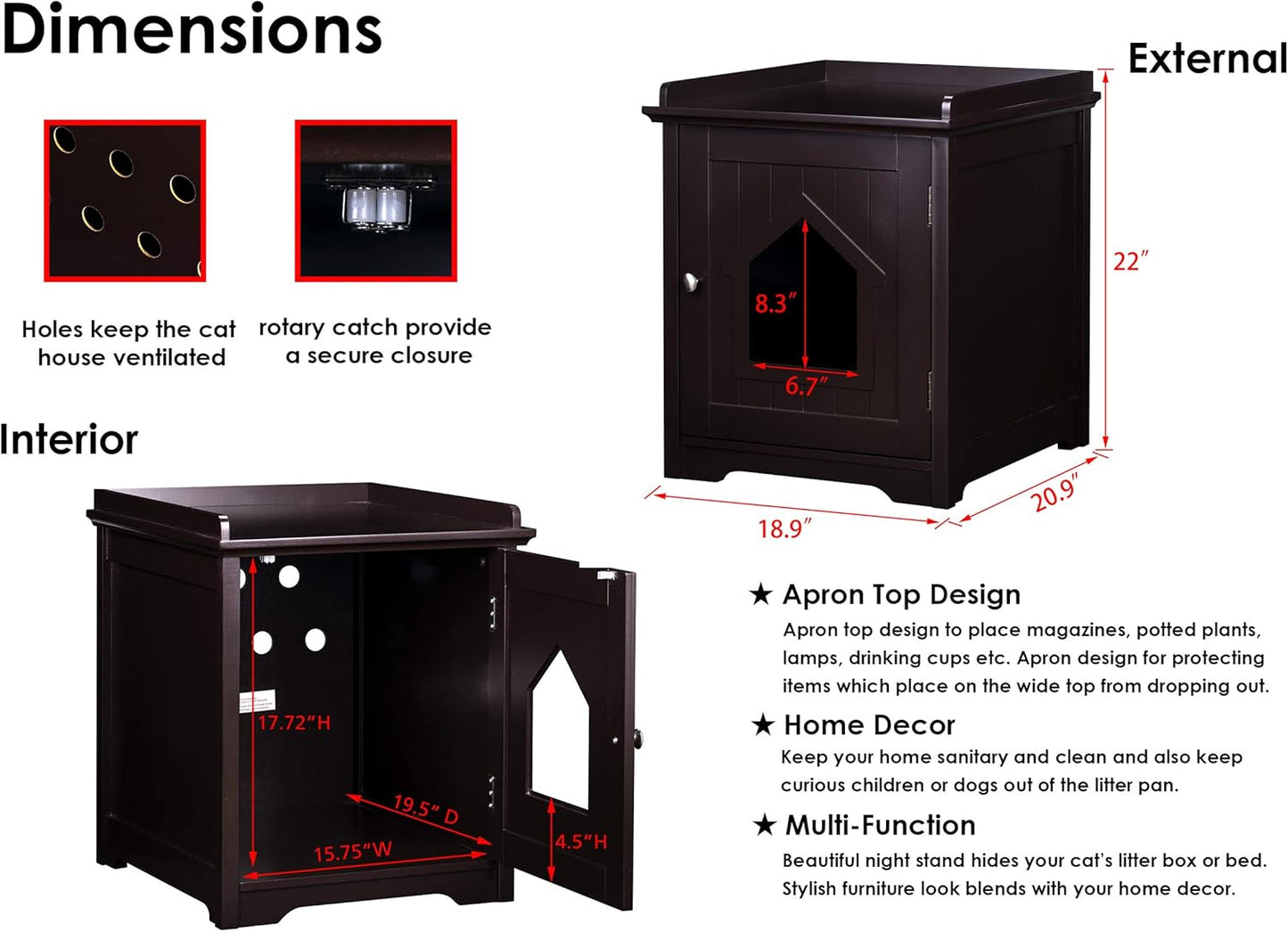 PAWLAND Cat Litter Box Enclosure, Cat House Side Table,Night Stand Pet House, Indoor Cat House, Espresso