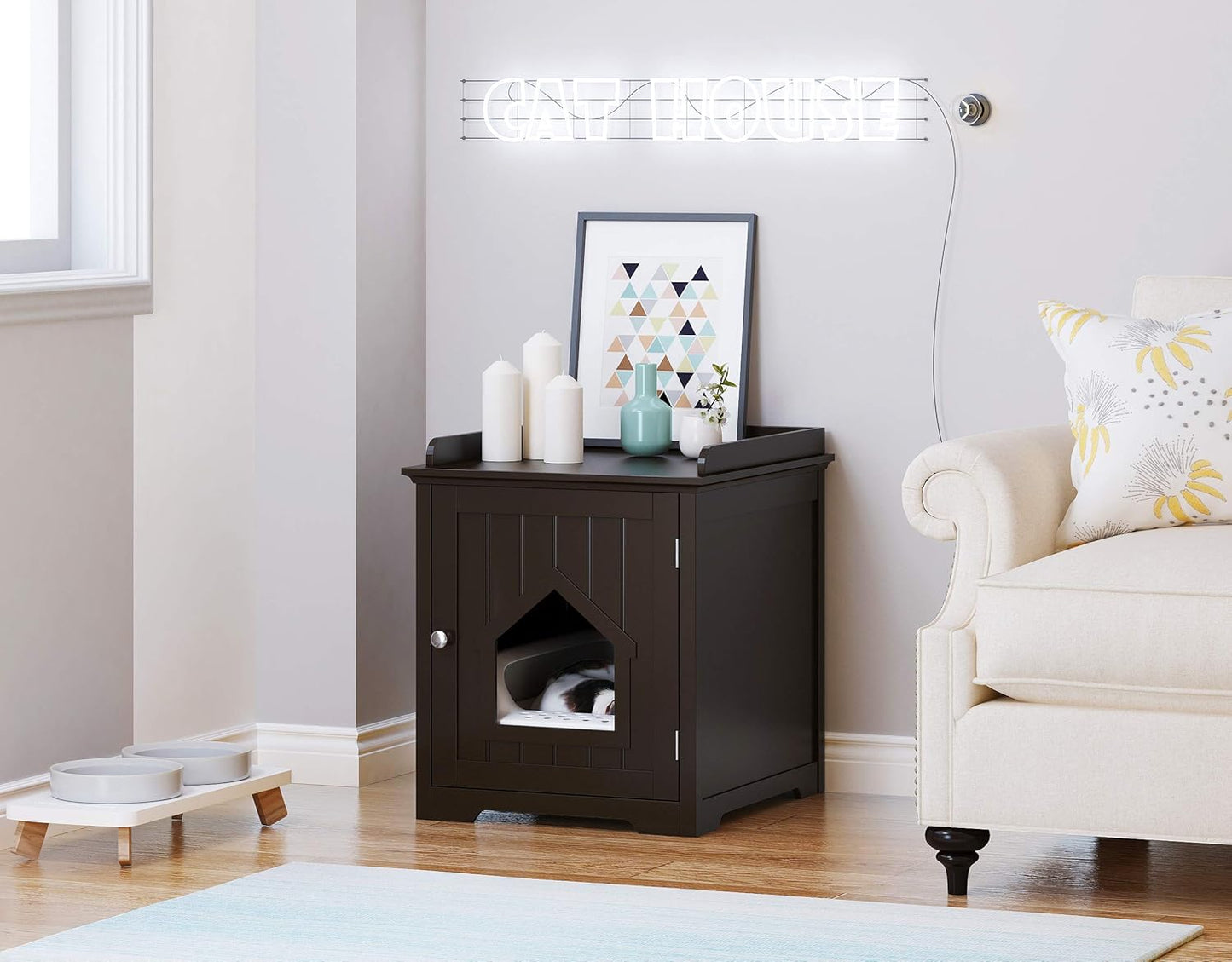 PAWLAND Cat Litter Box Enclosure, Cat House Side Table,Night Stand Pet House, Indoor Cat House, Espresso