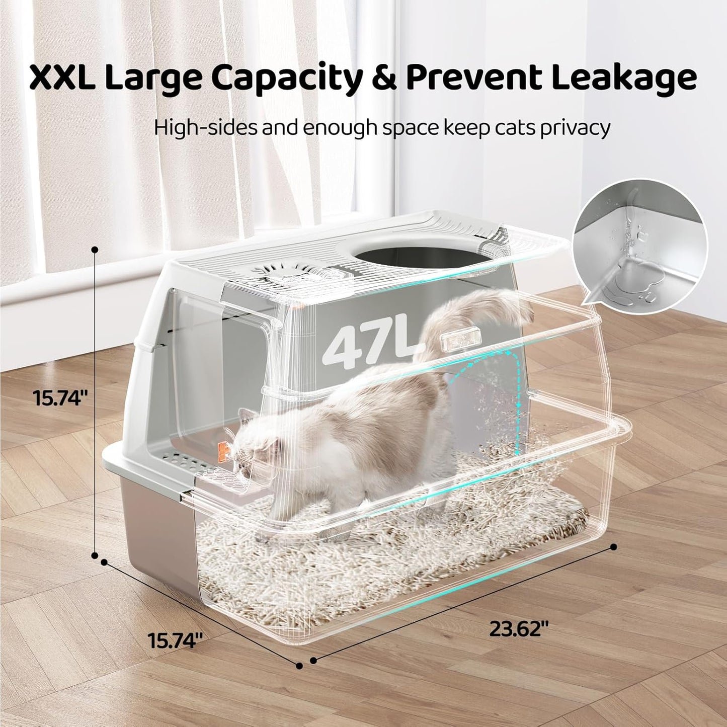 Stainless Steel Cat Litter Box with Lid, XXL Large Enclosed High Sided Litter Box with Removable Lid &Scoop, Odor Free, Easy Cleaning, Anti-Urine Leakage for Big Cats -Grey