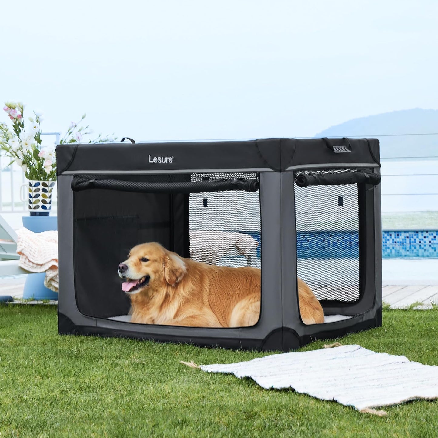 Soft Collapsible Dog Crate - 42 Inch Portable Travel Dog Crate for Extra Large Dogs Indoor & Outdoor, 4-Door Foldable Pet Kennel with Durable Mesh Windows (Black)