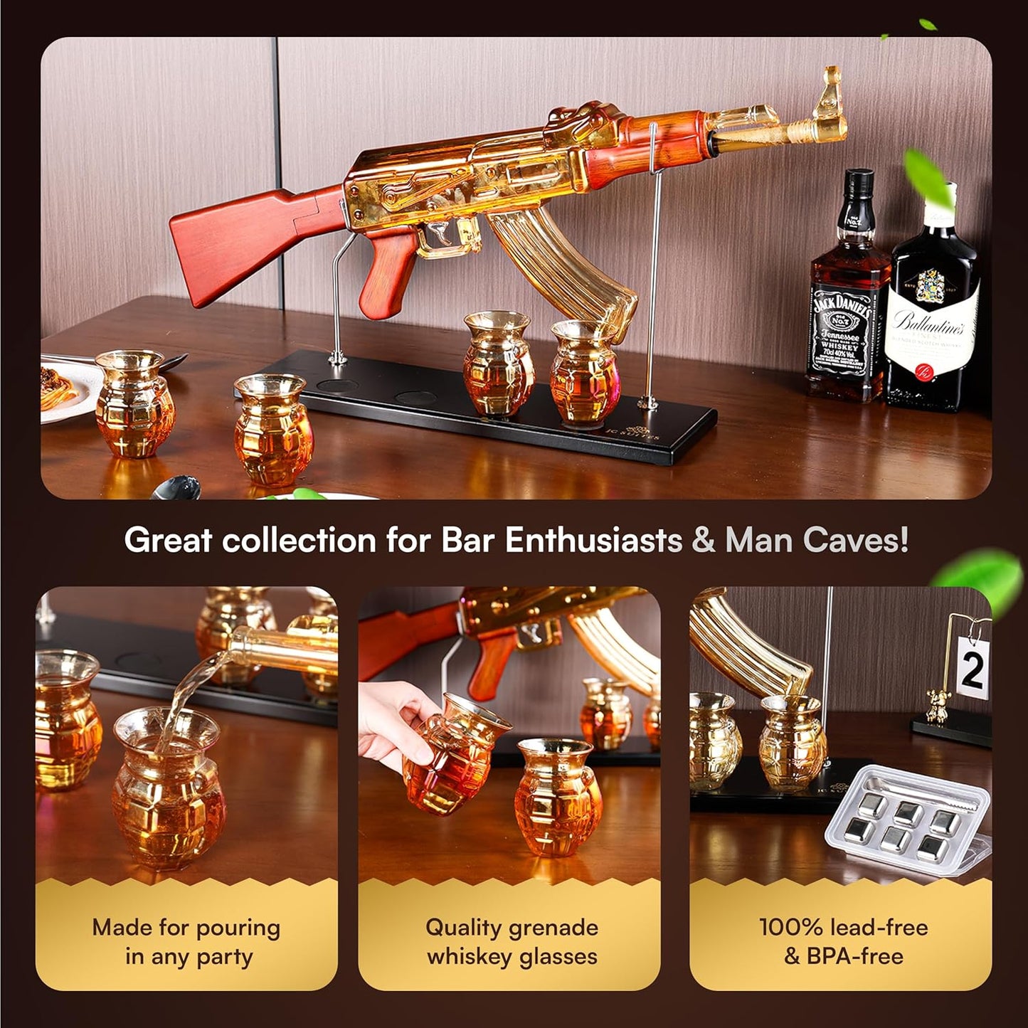 Luxury Gold AK47 Gun Decanter with Grenade Glasses & Reusable Ice Cubes - Whiskey Decanter Sets For Men - Unique Liquor Glass Gun Alcohol Bottle -Wine Bourbon Tequila Liquor Decanter Set Gifts For Dad