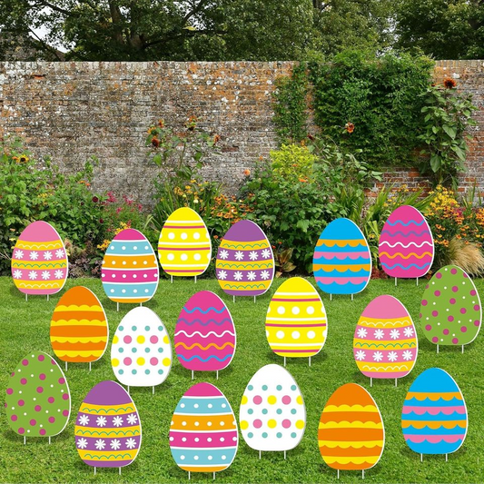 18 Pieces Easter Colorful Eggs Yard Signs Two-sided Waterproof Easter Eggs Lawn Yard Sign