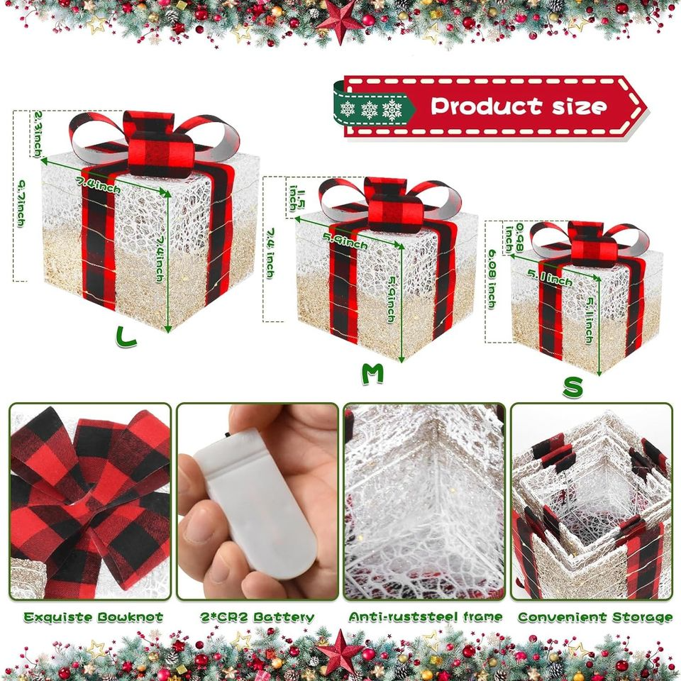 Xmas Lighted Gift Boxes Decorations,3 Set Light Up Boxes with 70 LED
