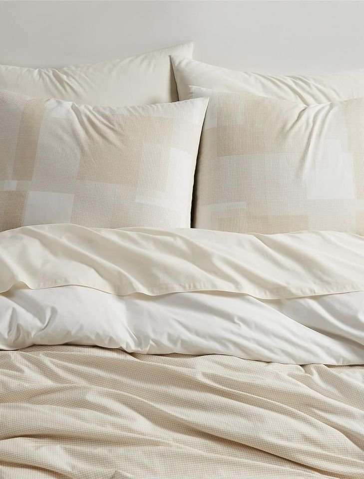 New Calvin Klein Home Naturals Pure Grid Printed 250 TC Percale Set of 3 Comforter Set, queen Size