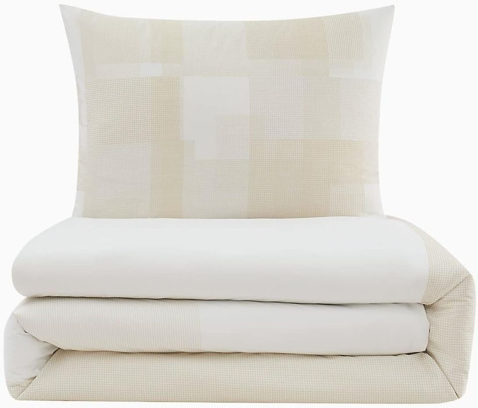 New Calvin Klein Home Naturals Pure Grid Printed 250 TC Percale Set of 3 Comforter Set, queen Size