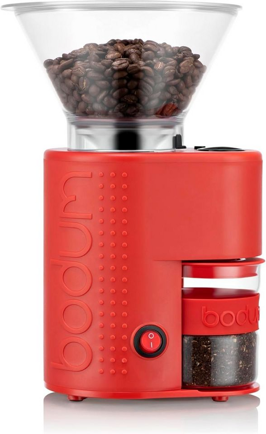 Bodum Bistro Electric Conical Burr Coffee Grinder, Preset Timer, 12 Grind Settings, Red