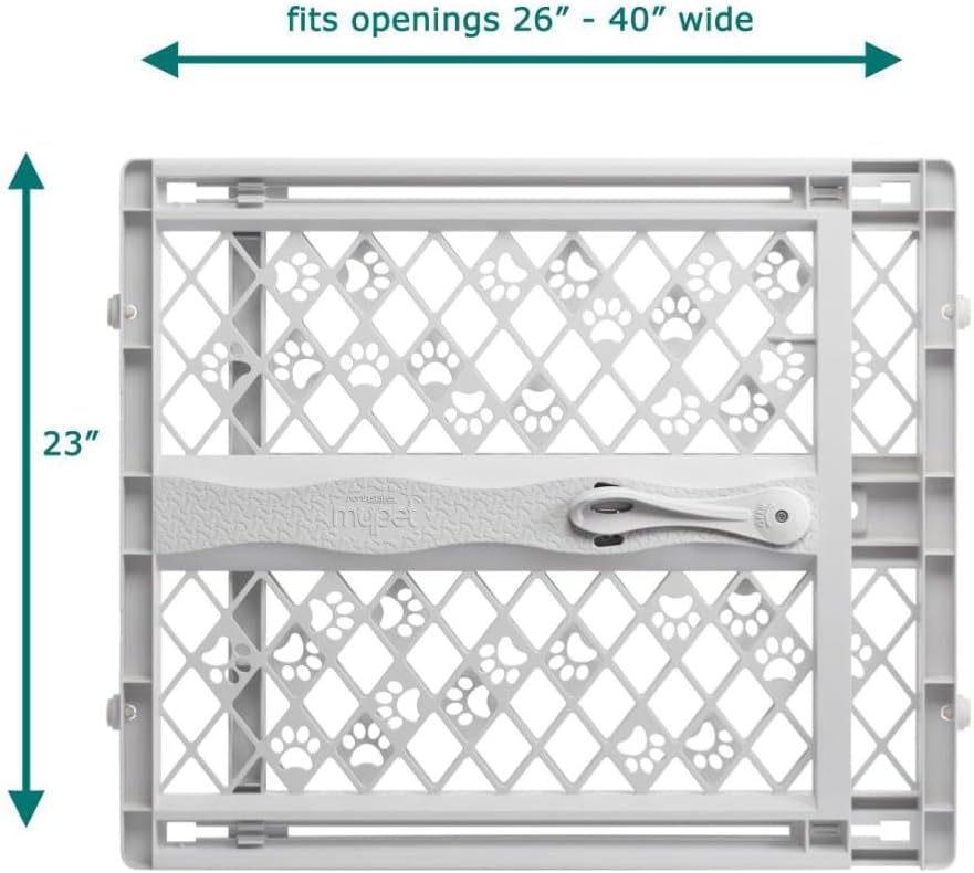 Portable Pet Gate: 26-40" Wide. Pressure Mount. No tools needed. Made in USA. Dog Gate 23" Tall, Expandable, Durable Dog Gates for Doorways, Light Gray