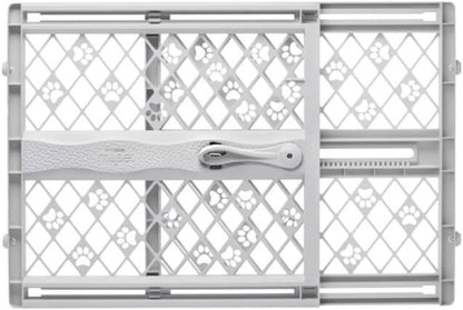 Portable Pet Gate: 26-40" Wide. Pressure Mount. No tools needed. Made in USA. Dog Gate 23" Tall, Expandable, Durable Dog Gates for Doorways, Light Gray