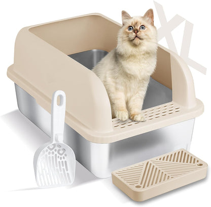 Extra-Large Stainless Steel Cat Litter Box with High Walls &amp; Lid – Ideal for Big &amp; Multiple Cats