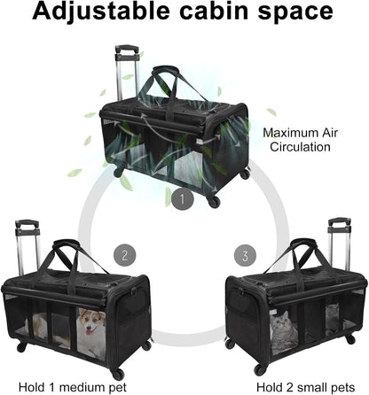 Double-Compartment Pet Rolling Carrier with Wheels for 2 Pets,Cat Rolling Carrier for 2 Cats,Super Ventilated Design,Ideal for Traveling/Hiking/Camping
