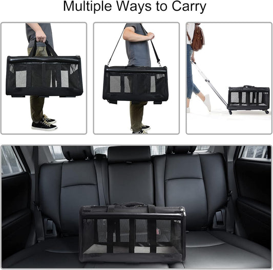 Double-Compartment Pet Rolling Carrier with Wheels for 2 Pets,Cat Rolling Carrier for 2 Cats,Super Ventilated Design,Ideal for Traveling/Hiking/Camping
