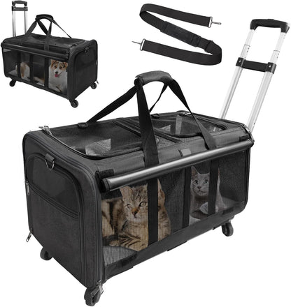 Double-Compartment Pet Rolling Carrier with Wheels for 2 Pets,Cat Rolling Carrier for 2 Cats,Super Ventilated Design,Ideal for Traveling/Hiking/Camping