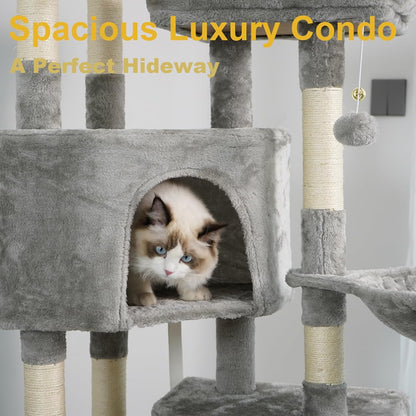 Sturdy Indoor Multi-Level Large Cat Tree, 67in Cat Tower for Indoor Cats, Contains 10 Sisal Scratching Posts 3 Hammocks 2 Apartments 2 Platforms and Cat