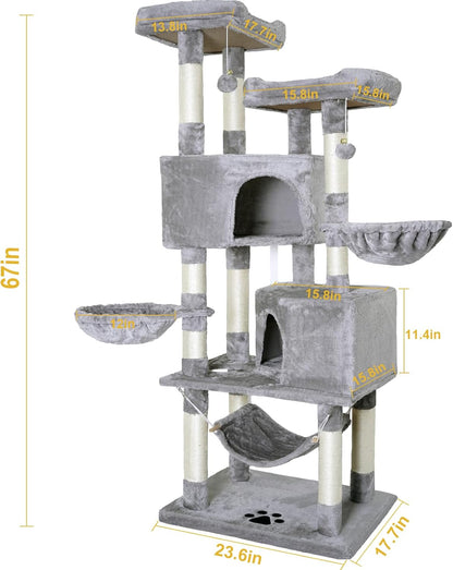 Sturdy Indoor Multi-Level Large Cat Tree, 67in Cat Tower for Indoor Cats, Contains 10 Sisal Scratching Posts 3 Hammocks 2 Apartments 2 Platforms and Cat