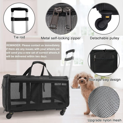 Double-Compartment Pet Rolling Carrier with Wheels for 2 Pets,Cat Rolling Carrier for 2 Cats,Super Ventilated Design,Ideal for Traveling/Hiking/Camping