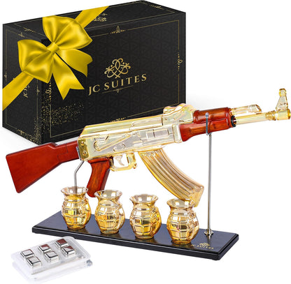 Luxury Gold AK47 Gun Decanter with Grenade Glasses & Reusable Ice Cubes - Whiskey Decanter Sets For Men - Unique Liquor Glass Gun Alcohol Bottle -Wine Bourbon Tequila Liquor Decanter Set Gifts For Dad