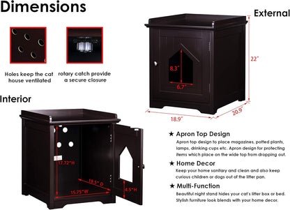 PAWLAND Cat Litter Box Enclosure, Cat House Side Table,Night Stand Pet House, Indoor Cat House, Espresso