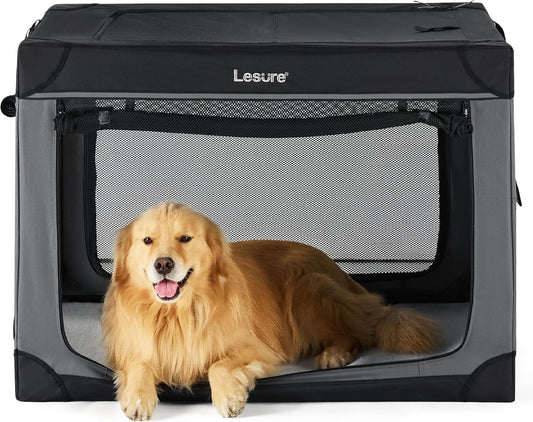 Soft Collapsible Dog Crate - 42 Inch Portable Travel Dog Crate for Extra Large Dogs Indoor & Outdoor, 4-Door Foldable Pet Kennel with Durable Mesh Windows (Black)
